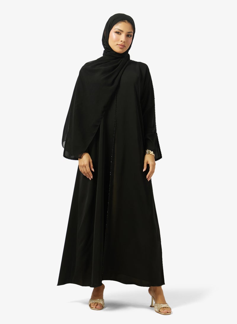 هيا كلوزيت عباية مفتوحة مطرزة بنقوش الزهور بياقة مستديرة - Image 1