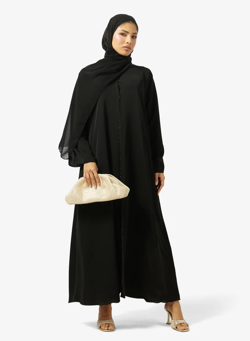 hayas closet  Floral Printed Embellished Open Front Round Neck Abaya for Women | Best Price UAE