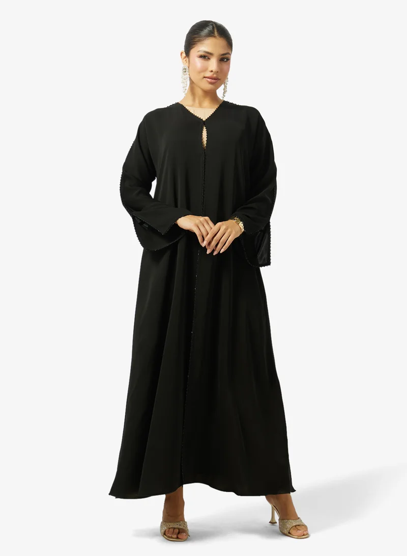 hayas closet  Floral Printed Embellished Open Front Round Neck Abaya for Women | Best Price UAE
