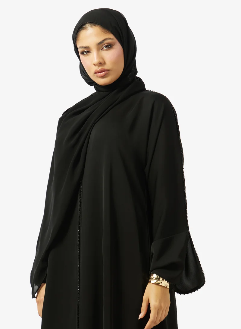 hayas closet  Floral Printed Embellished Open Front Round Neck Abaya for Women | Best Price UAE