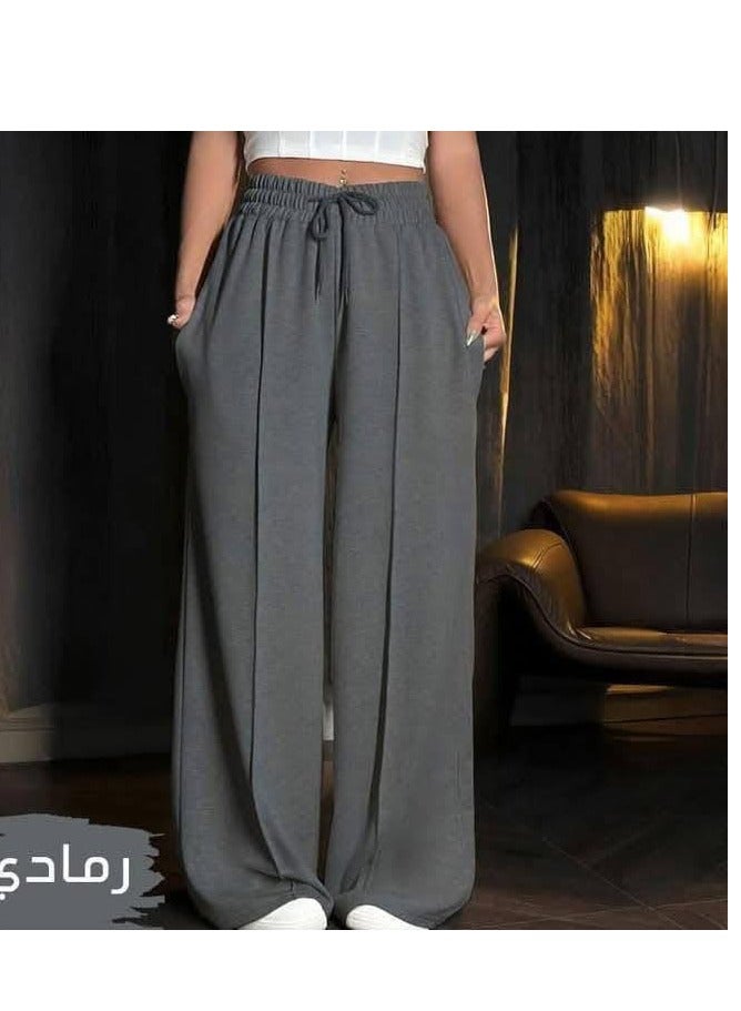 Nona fashion Women's high-waisted sports pants with ties and wide legs with pockets, loose casual yoga pants.  - Image 1