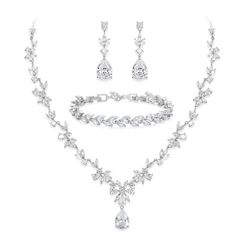 BriLove Gorgeous Wedding Jewelry Set for Women Bridal Cubic Zirconia Marquise Teardrop Leaf Cluster Y-Necklace Dangle Earrings Link Bracelet Clear Silver-Tone - Image 1