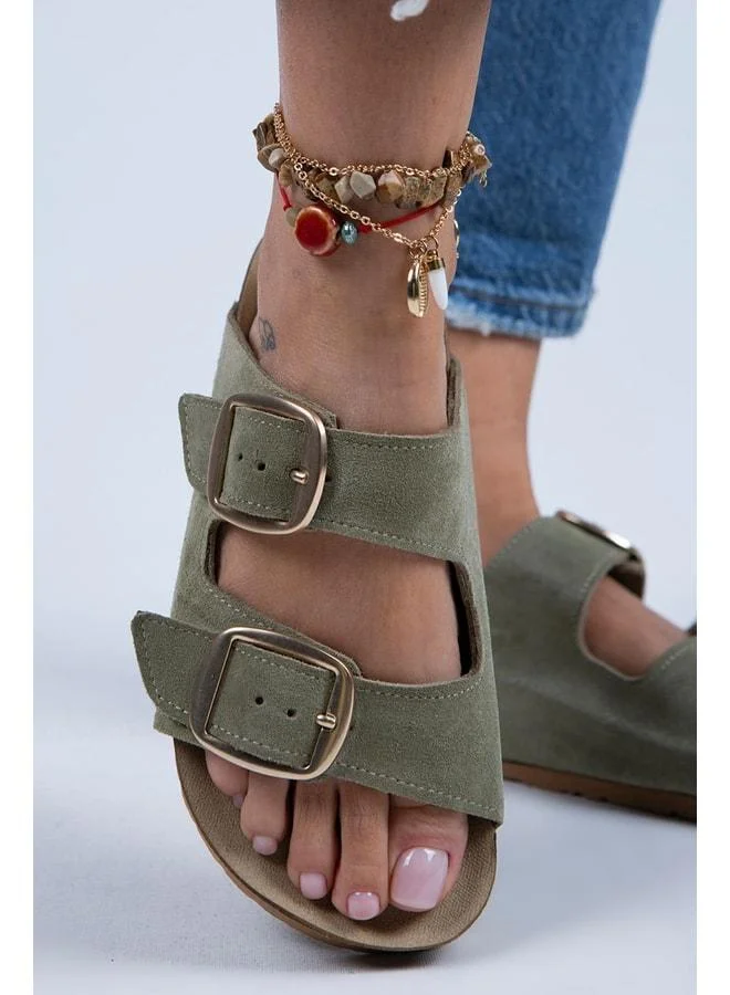 Irene Women's Genuine Leather Double Buckle Sea Green - Gold Slippers - Green