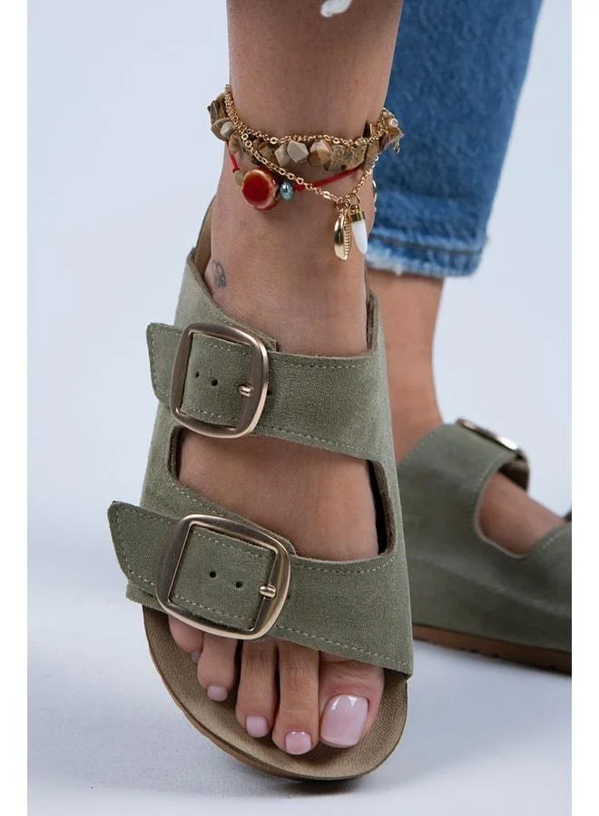 Manijero  Irene Women's Genuine Leather Double Buckle Sea Green - Gold Slippers - Green for Women | Best Price UAE