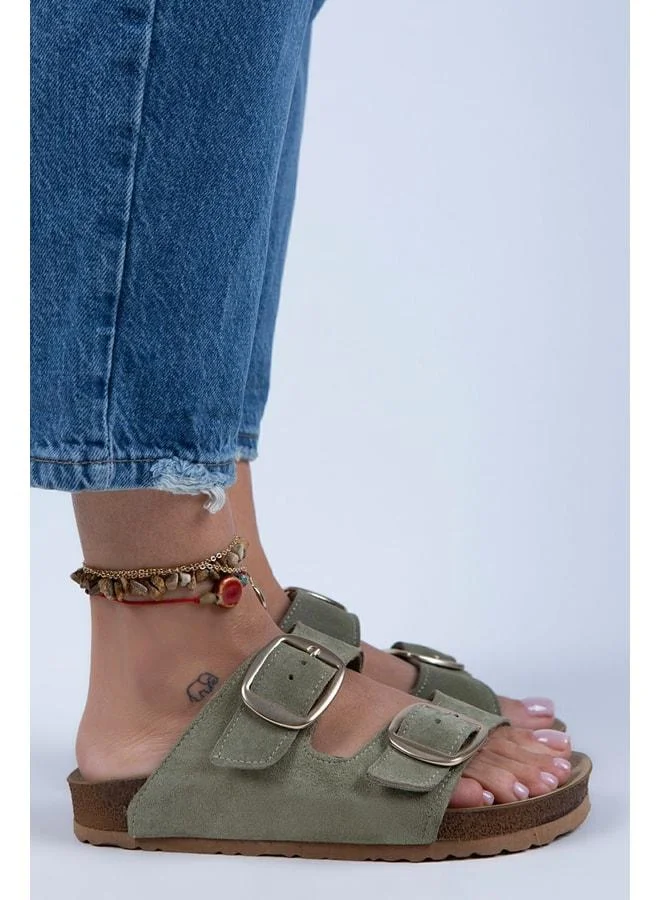 Manijero  Irene Women's Genuine Leather Double Buckle Sea Green - Gold Slippers - Green for Women | Best Price UAE