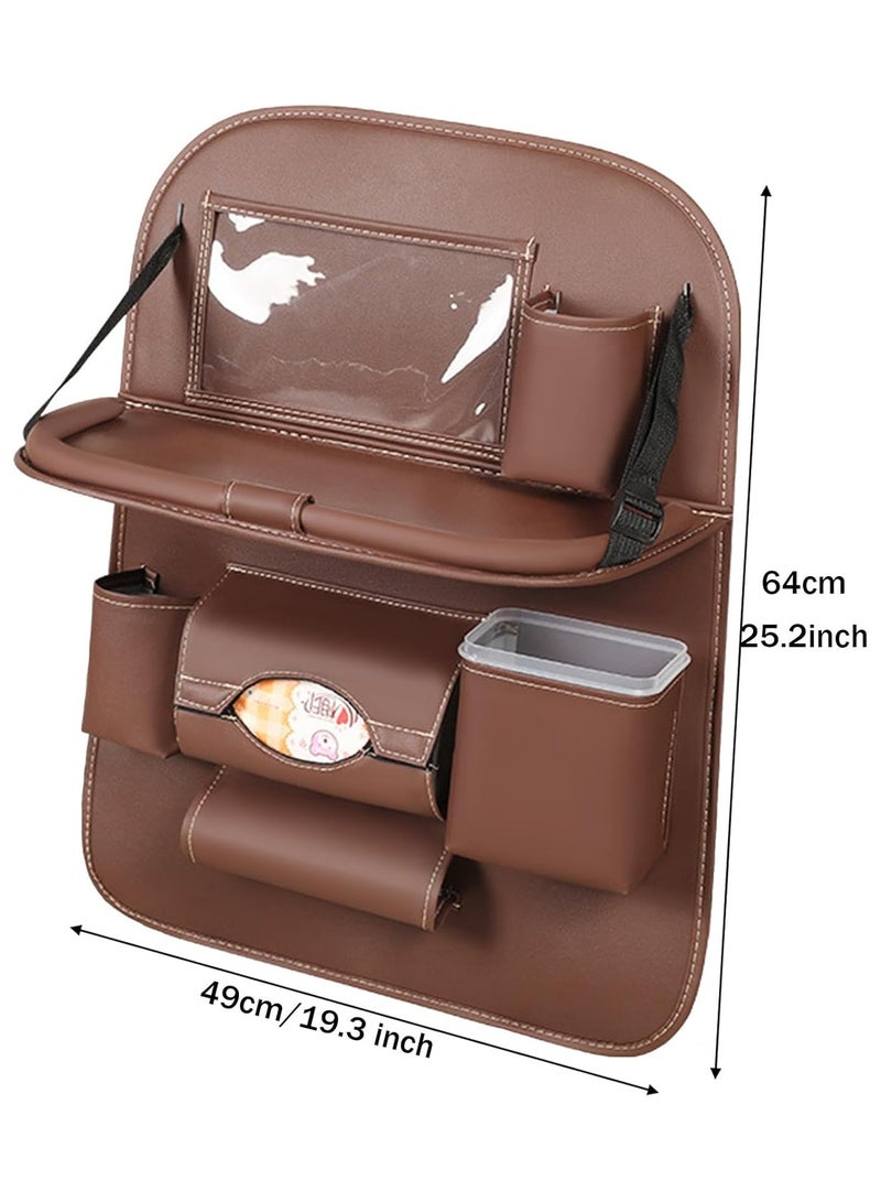 مخطوطات منظم المقعد الخلفي للسيارة مع حامل للكمبيوتر اللوحي، حامل شماعة للكمبيوتر اللوحي بشاشة تعمل باللمس للأطفال الصغار والتخزين، حامل مناديل مظلة الأكواب، واقي سجادات الركل، مجموعة من قطعتين (بني) - Image 4