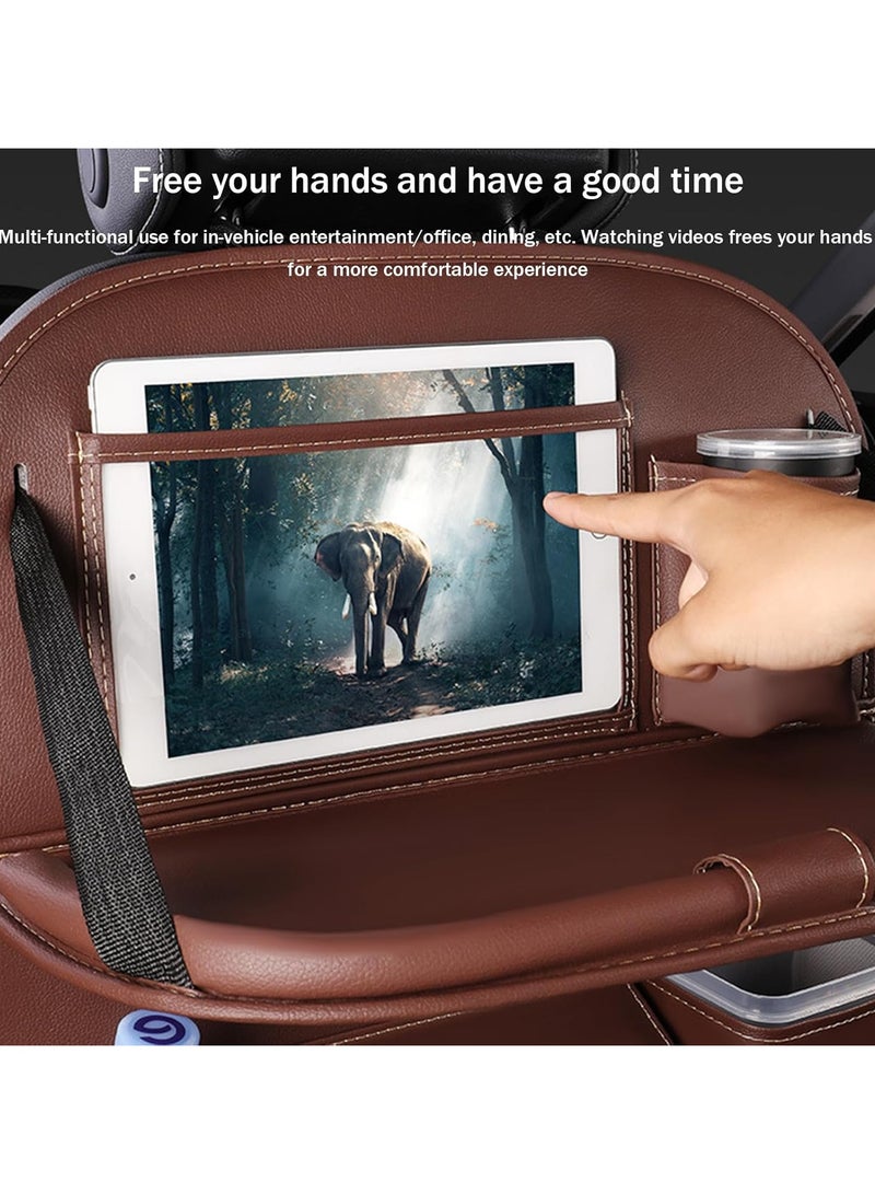 مخطوطات منظم المقعد الخلفي للسيارة مع حامل للكمبيوتر اللوحي، حامل شماعة للكمبيوتر اللوحي بشاشة تعمل باللمس للأطفال الصغار والتخزين، حامل مناديل مظلة الأكواب، واقي سجادات الركل، مجموعة من قطعتين (بني) - Image 5