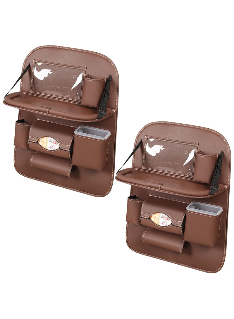 مخطوطات منظم المقعد الخلفي للسيارة مع حامل للكمبيوتر اللوحي، حامل شماعة للكمبيوتر اللوحي بشاشة تعمل باللمس للأطفال الصغار والتخزين، حامل مناديل مظلة الأكواب، واقي سجادات الركل، مجموعة من قطعتين (بني) - Image 2