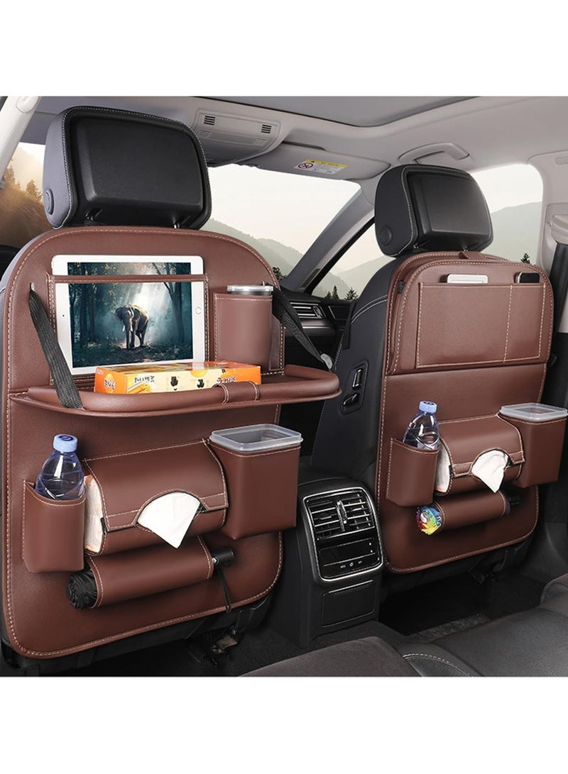 مخطوطات منظم المقعد الخلفي للسيارة مع حامل للكمبيوتر اللوحي، حامل شماعة للكمبيوتر اللوحي بشاشة تعمل باللمس للأطفال الصغار والتخزين، حامل مناديل مظلة الأكواب، واقي سجادات الركل، مجموعة من قطعتين (بني) - Image 1