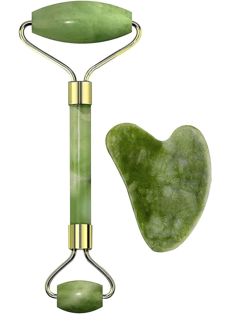 جهاز تدليك الوجه من إيزي شوب، بكرة اليشم وأداة غوا شا، مصنوع من حجر الهيمالايا الطبيعي للوجه والرقبة، لعلاج التجاعيد، وتطبيق المصل (حجر اليشم مع غوا شا) - Image 1