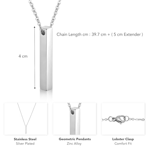 Peora Silver Plated Fancy 3D Cuboid Vertical Bar/Stick Pendant with Chain Fashion Jewellery Gift for Men & Boys - Image 4