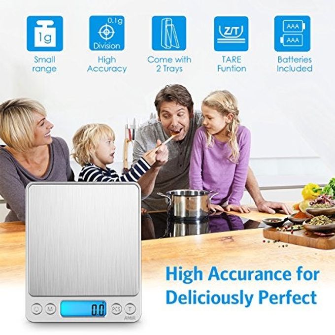 AMIR Digital Kitchen Scale, 3000g 0.01oz/ 0.1g Pocket Coffee Scale, Mini Food Scale, Pro Electronic Jewelry Scale with Back-Lit LCD Display, Tare & PCS Functions, Stainless Steel, Batteries Included - Image 2