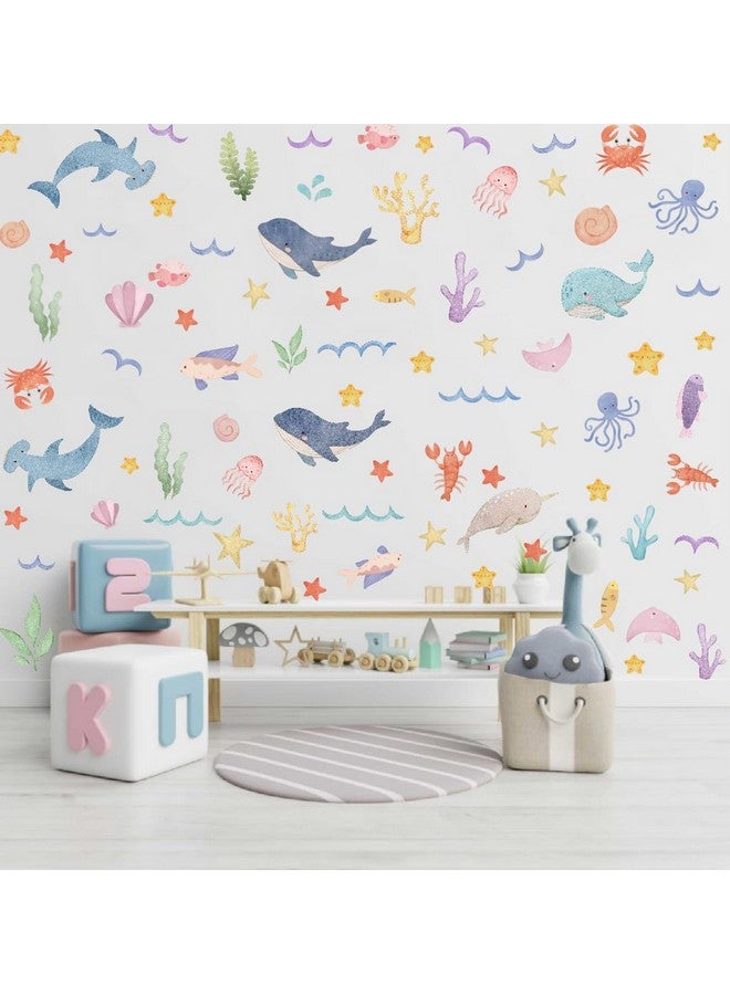YIMEHDAN Watercolor Ocean Wall Decals, Whales Dolphins Seaweed Fish Vinyl Wall Stickers, Removable Cartoon Under The Sea Animal Artwork for Baby Bedroom Playroom Bathroom Decor - Image 1
