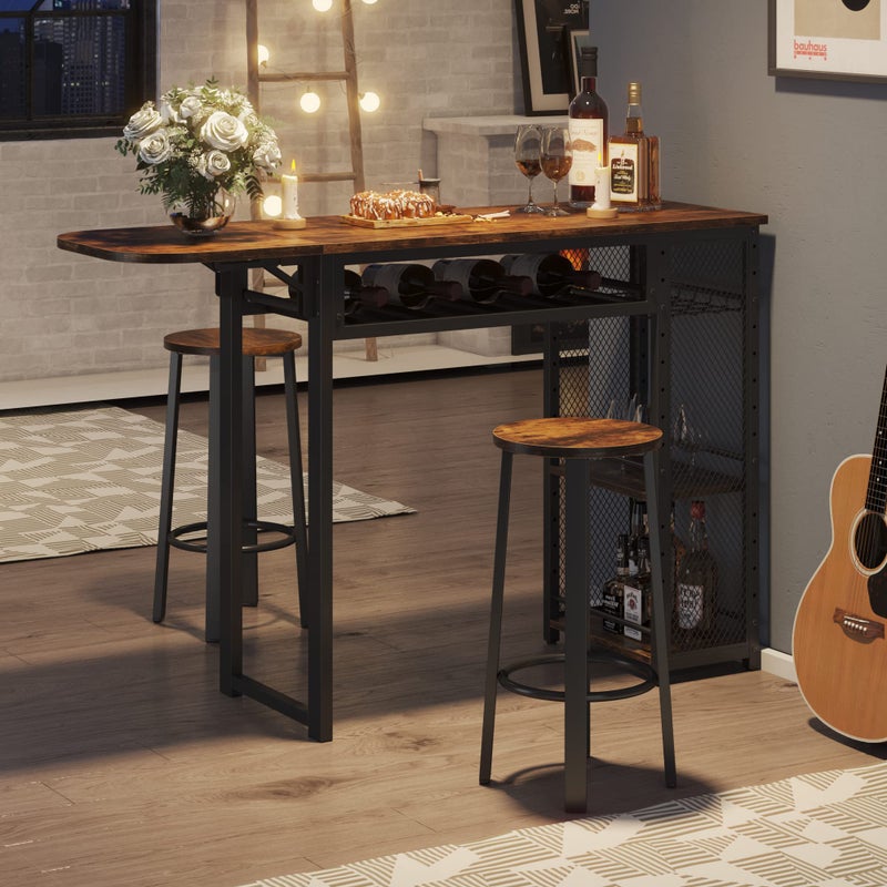 Bestier Bar Table and Chair Set Expandable Dining Table with 2 Bar Stools Industrial Kitchen Counter with Wine Rack  3 Tier Adjustable Storage Shelves Rustic Brown