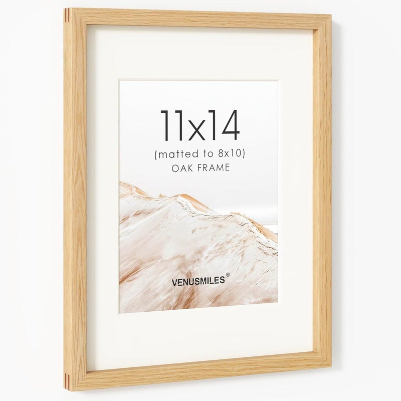 Venusmiles إطار صور 11x14 بوصة، خشب بلوط طبيعي من الولايات المتحدة مع زجاج مقسّى، إطار خشبي مربع الزوايا مصنوع يدويًا 11x14 مع حافة داخلية مقاس 8x10 للصور، عرض على الحائط أو الطاولة - Image 1