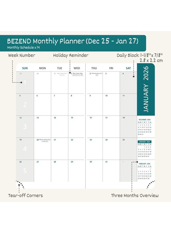 BEZEND Pocket Monthly Planner 2026 for Purse (3.5" x 6.5") 14-Months Super Thin Calendar Book (Dec 25 - Jan 27), Slim Palm Size with Gilded Paper Edge & PU Leather Softcover in Evergreen - Image 3