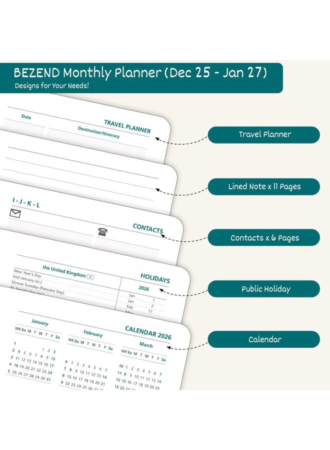 BEZEND Pocket Monthly Planner 2026 for Purse (3.5" x 6.5") 14-Months Super Thin Calendar Book (Dec 25 - Jan 27), Slim Palm Size with Gilded Paper Edge & PU Leather Softcover in Evergreen - Image 4
