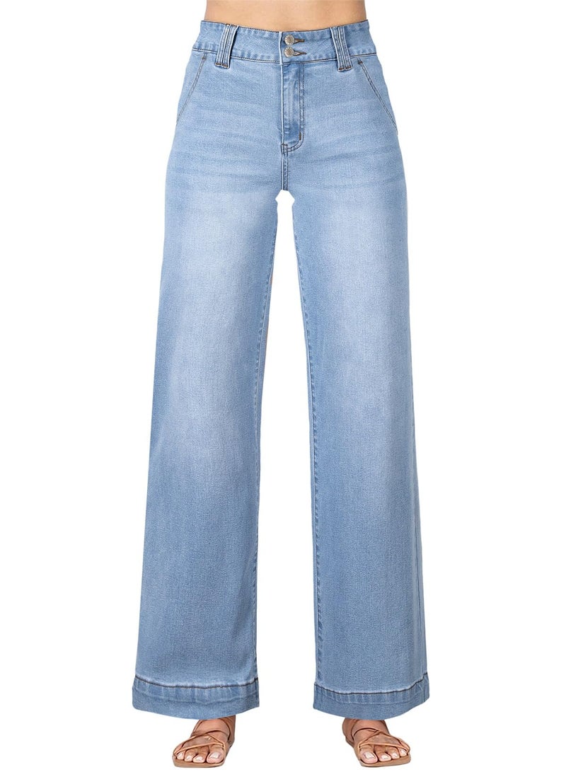 Astylish Women's Pants Wide Leg Jeans Woman High Waist Double Button Bootcut Trousers Stretchy Vintage Denim Jean Pants with Slanted Pockets Iceland Blue Size 12 - Image 1