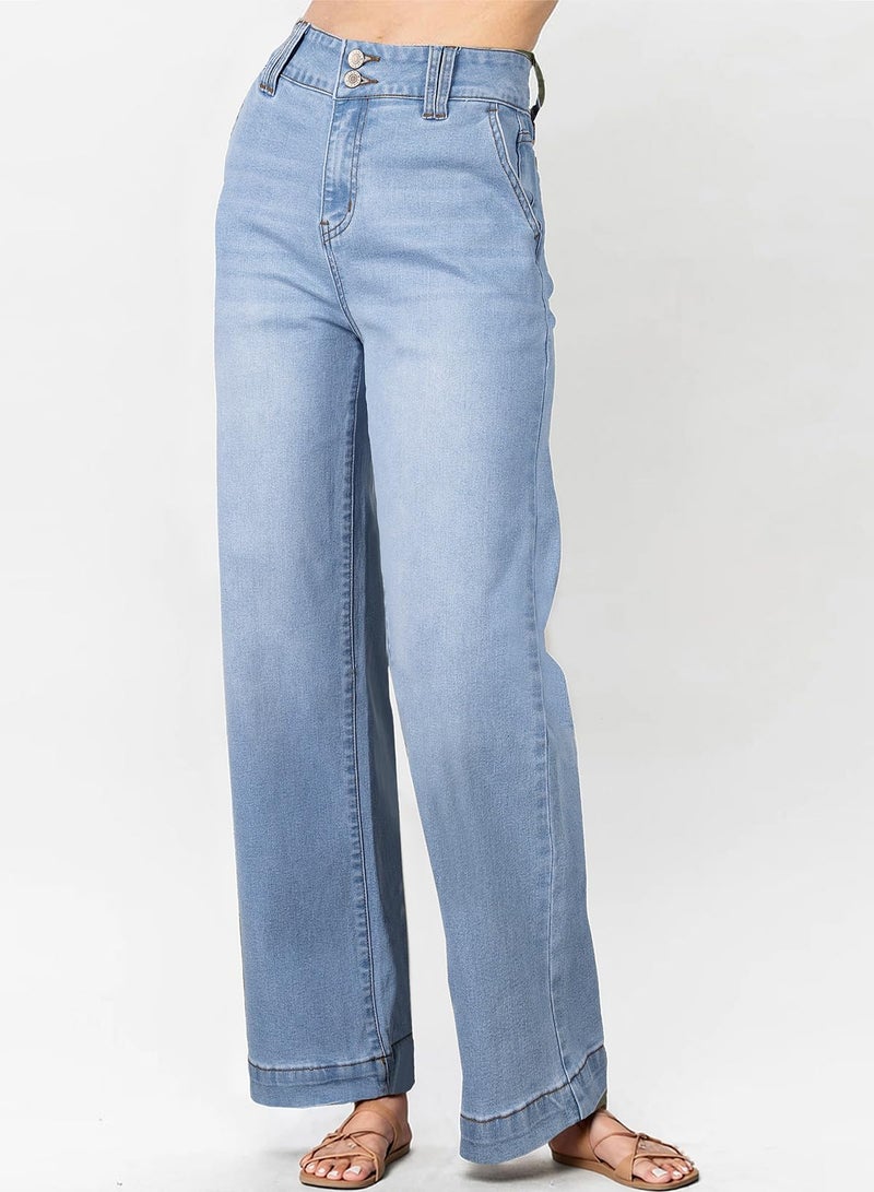 Astylish Women's Pants Wide Leg Jeans Woman High Waist Double Button Bootcut Trousers Stretchy Vintage Denim Jean Pants with Slanted Pockets Iceland Blue Size 12 - Image 3