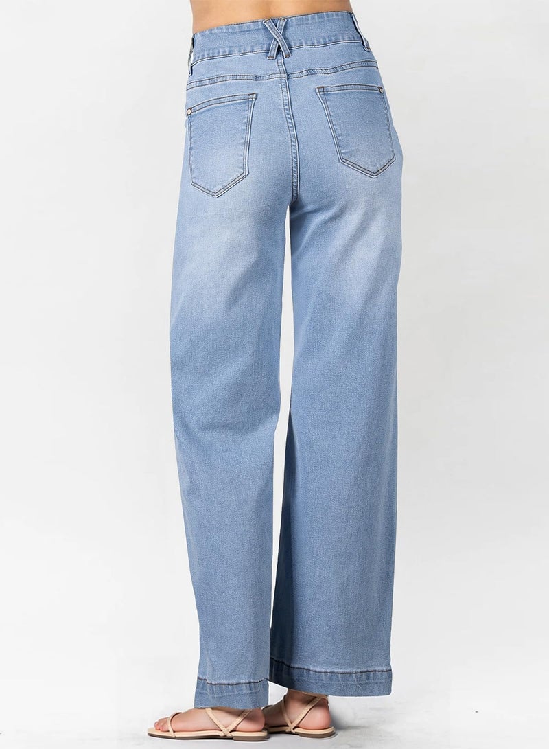 Astylish Women's Pants Wide Leg Jeans Woman High Waist Double Button Bootcut Trousers Stretchy Vintage Denim Jean Pants with Slanted Pockets Iceland Blue Size 12 - Image 4