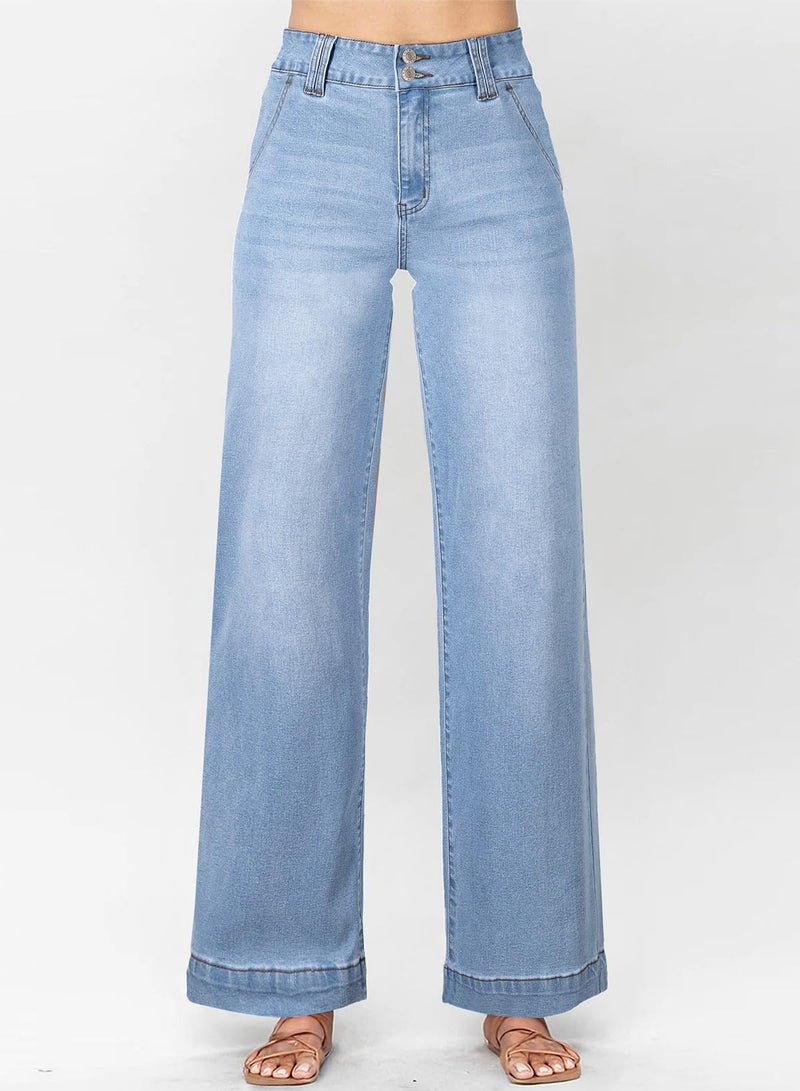 Astylish Women's Pants Wide Leg Jeans Woman High Waist Double Button Bootcut Trousers Stretchy Vintage Denim Jean Pants with Slanted Pockets Iceland Blue Size 12 - Image 2