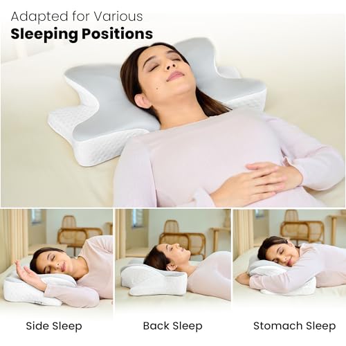 CareFoam Memory Foam Butterfly Orthopedic Pillow with Arm Rest & Dual Height | Neck Head & Shoulder Support Effective for Sleep Disorders, Insomnia, Snoring & sleep Apnea | White & Grey Jacquard Cover - Image 2