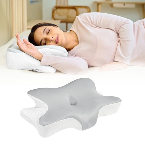 CareFoam Memory Foam Butterfly Orthopedic Pillow with Arm Rest & Dual Height | Neck Head & Shoulder Support Effective for Sleep Disorders, Insomnia, Snoring & sleep Apnea | White & Grey Jacquard Cover - Image 1