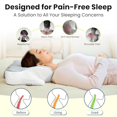 CareFoam Memory Foam Butterfly Orthopedic Pillow with Arm Rest & Dual Height | Neck Head & Shoulder Support Effective for Sleep Disorders, Insomnia, Snoring & sleep Apnea | White & Grey Jacquard Cover - Image 3