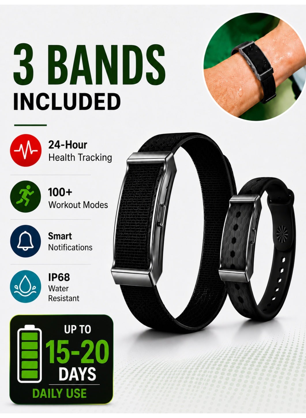 RUKYU Fitness Tracker Smart Bracelet with 3 Replaceable Straps, 24H Heart Rate & HRV Monitoring, AI Wellness Insights, 100+ Sports Modes, 40-Day Battery Life, IP68 Waterproof Activity Tracker for Men & Women