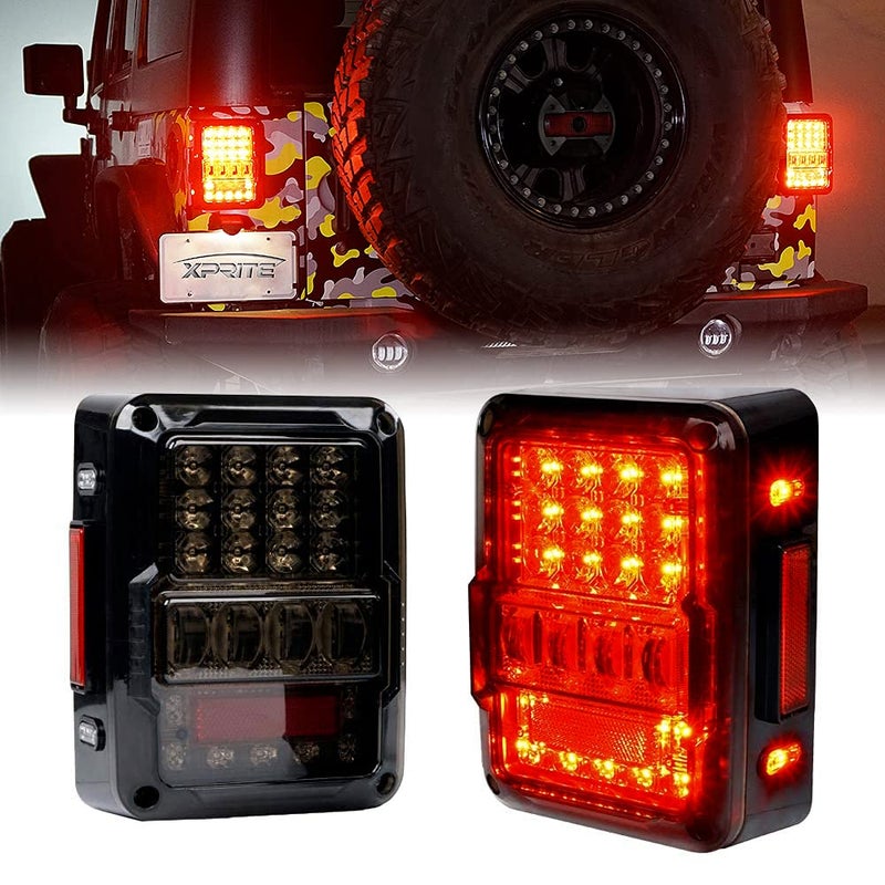 Xprite 4D Smoked LED Tail Lights Compatible with 2007-2018 Jeep Wrangler JK JKU, Plug & Play Rear Taillights w/Built-in Resistors, Parking, Brake, Turn Signal & Reverse Lights, DOT Approved - Image 1