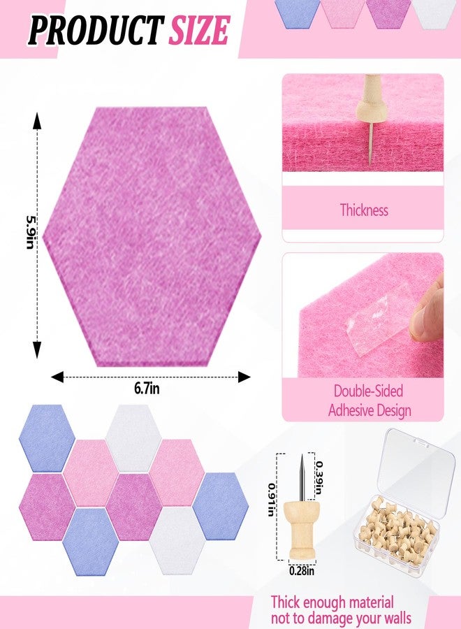 Mindsoft 16 Pcs Hexagon Cork Board for Walls with 50 Wooden Push Pins 6.7 x 5.9 in Felt DIY Tiles Notice Self Adhesive Hanging Bulletin Board for Home Photo Office Memo Note (Pink) - Image 2