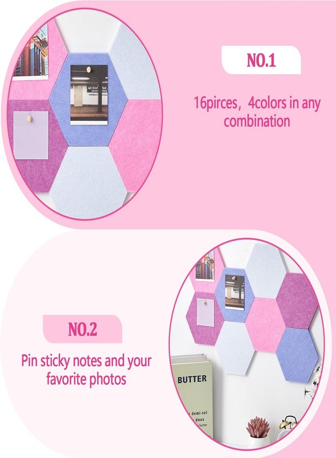 Mindsoft 16 Pcs Hexagon Cork Board for Walls with 50 Wooden Push Pins 6.7 x 5.9 in Felt DIY Tiles Notice Self Adhesive Hanging Bulletin Board for Home Photo Office Memo Note (Pink) - Image 5