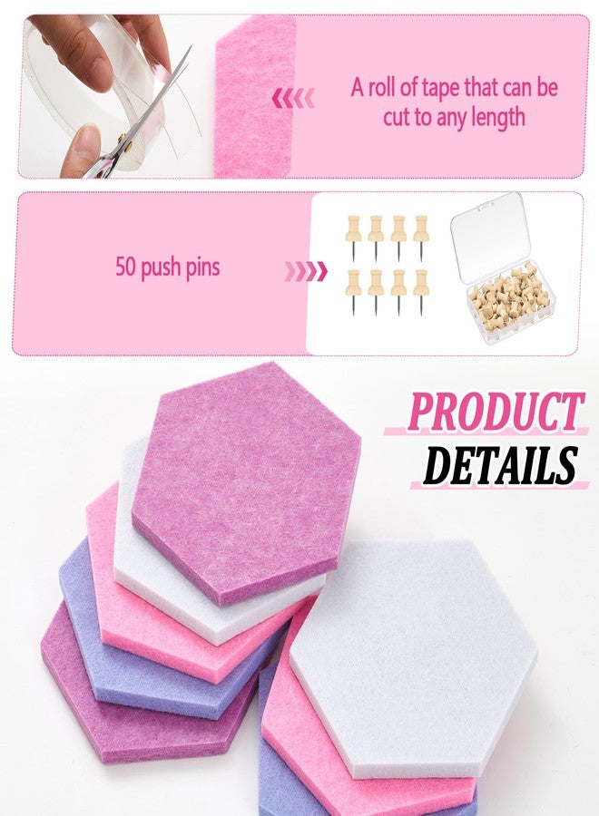 Mindsoft 16 Pcs Hexagon Cork Board for Walls with 50 Wooden Push Pins 6.7 x 5.9 in Felt DIY Tiles Notice Self Adhesive Hanging Bulletin Board for Home Photo Office Memo Note (Pink) - Image 3