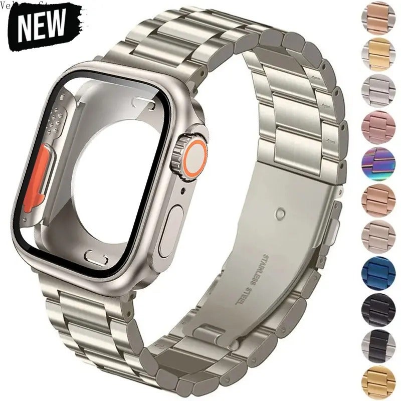 3-Bead Stainless Steel Band with PC Full Coverage Case Set for Apple Watch, 2-in-1 Protective Strap for Series 1–11/Ultra/SE (38–49mm) - Image 2
