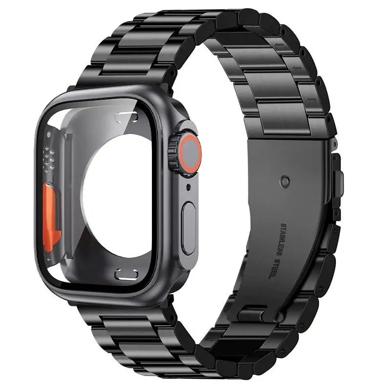 3-Bead Stainless Steel Band with PC Full Coverage Case Set for Apple Watch, 2-in-1 Protective Strap for Series 1–11/Ultra/SE (38–49mm) - Image 1