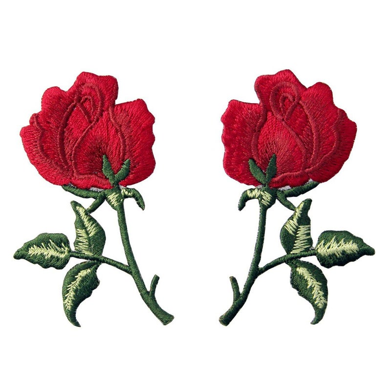 Flowers Boho Red Rose Patch Embroidered Retro Floral Applique Iron On Sew On Love Emblem Set of 2 Pcs