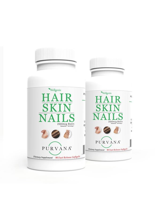 wellgenix Purvana Hair, Skin, and Nails Vitamin Softgels for High Absorption - Double Strength 2500mcg Biotin, VIT A & B (90 Count) 2 Pack - Image 1