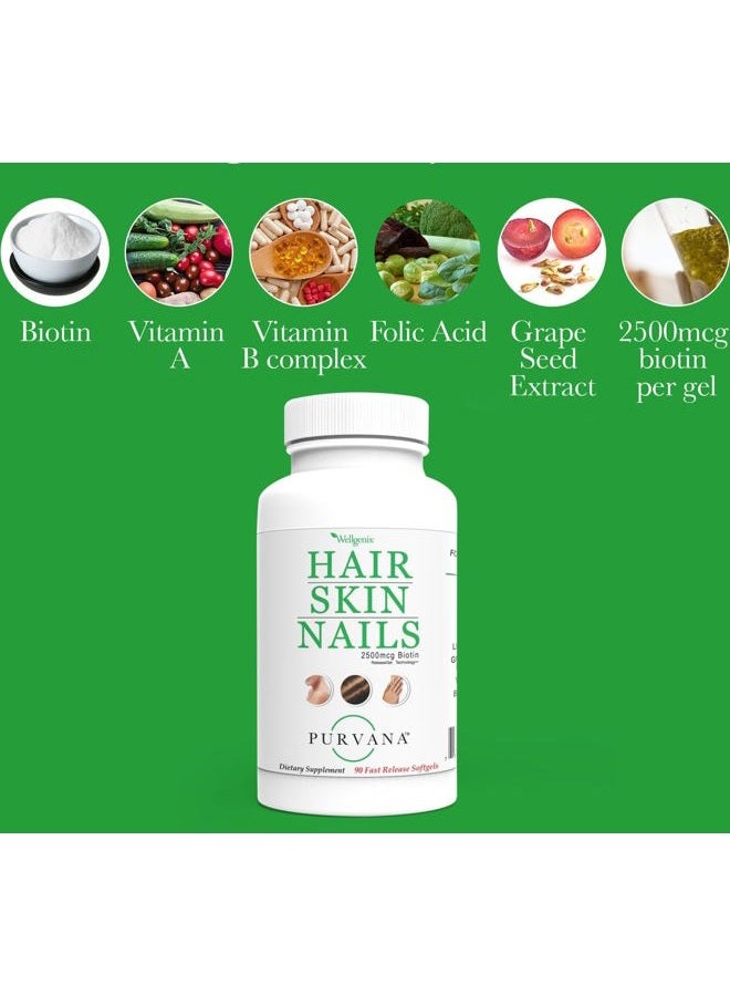 wellgenix Purvana Hair, Skin, and Nails Vitamin Softgels for High Absorption - Double Strength 2500mcg Biotin, VIT A & B (90 Count) 2 Pack - Image 5