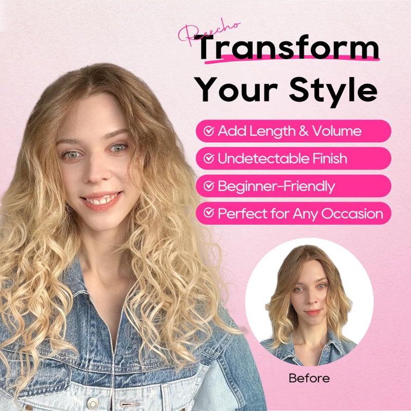 REECHO Curly Hair Extensions, 4PCS 16 inch Clip in Hair Extensions Lace Weft Short Curly Hair Extension Clip Ins Invisible Natural Hairpieces for Women, Light Brown with Blonde Highlights - Image 4