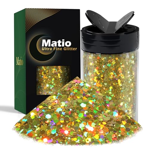 Matio Holographic Chunky Glitter 78oz220g Classic Gold Craft Glitter for Resin Chunky Nail Flake Sequin Mixed Fine Glitter Powder Bulk Holographic Glitters for Nails Tumbler Festival Decor - Image 1