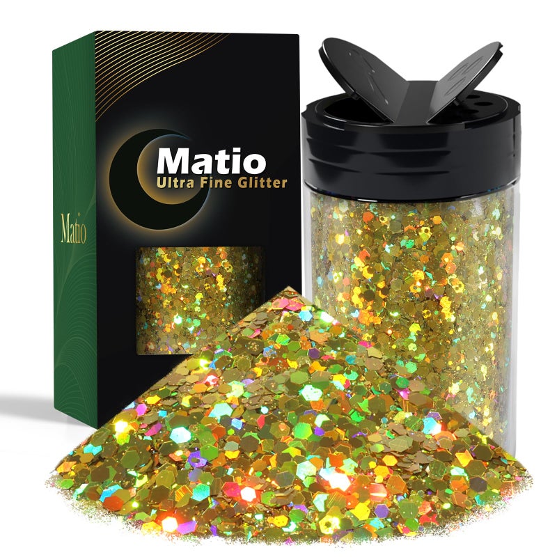 Matio Holographic Chunky Glitter 78oz220g Classic Gold Craft Glitter for Resin Chunky Nail Flake Sequin Mixed Fine Glitter Powder Bulk Holographic Glitters for Nails Tumbler Festival Decor - Image 2