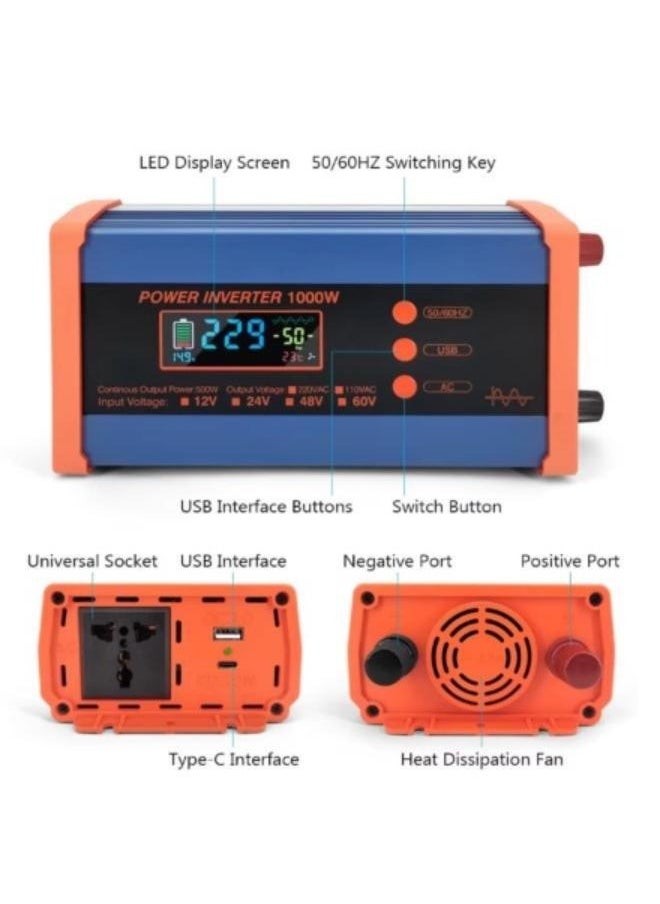 Generic - Pure Sine Wave Inverter, 1000W Continuous 500W DC 12V Hybrid Solar Power Converter with USB Interface PSW-1000W - Image 1