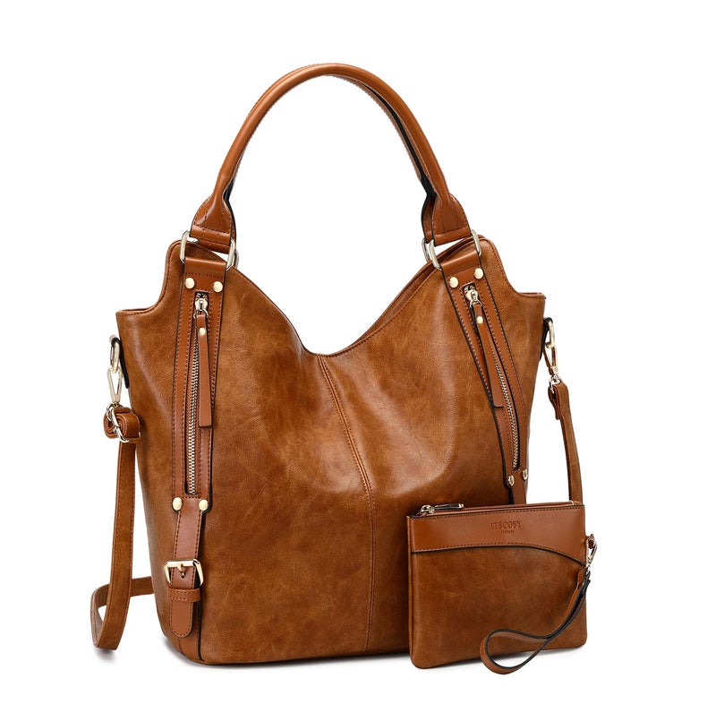 ITSCOSY Women Tote Bag Handbags PU Leather Fashion Hobo Shoulder Bags with Adjustable Shoulder Strap (M, Light brown) - Image 1
