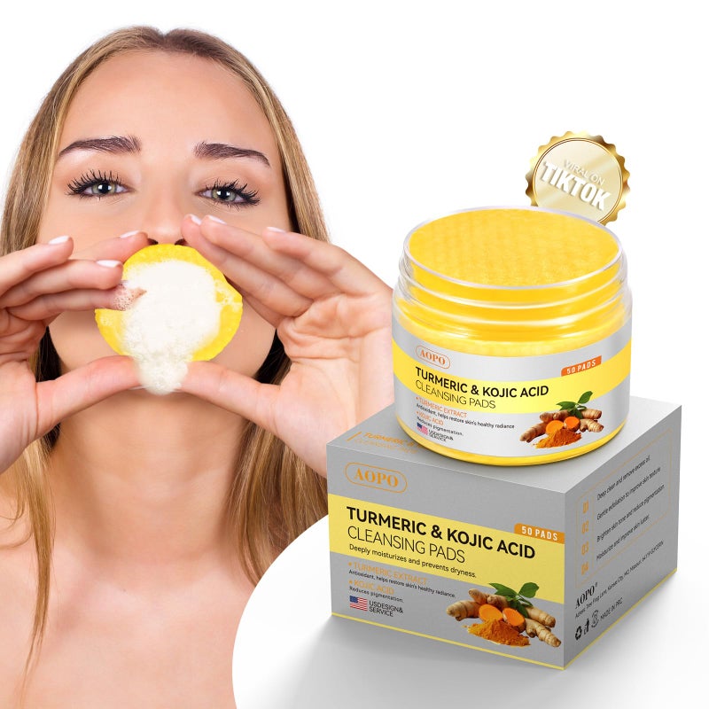AOPO Kojic Acid and Turmeric Cleansing Pads, 50 Pcs, for Face Cleansing and Exfoliation - Image 1