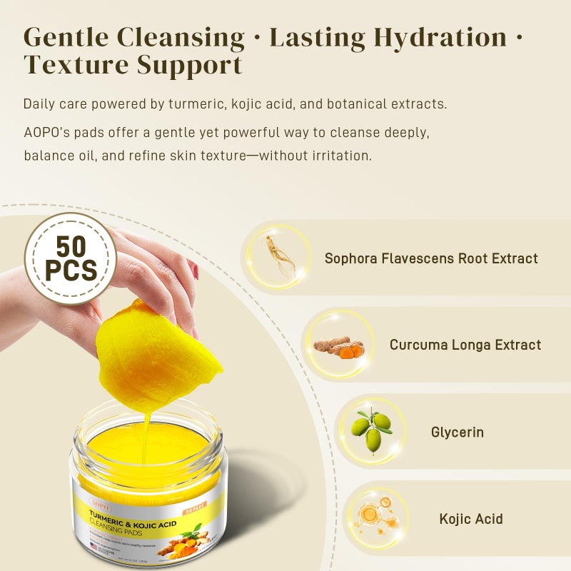 AOPO Kojic Acid and Turmeric Cleansing Pads, 50 Pcs, for Face Cleansing and Exfoliation - Image 4