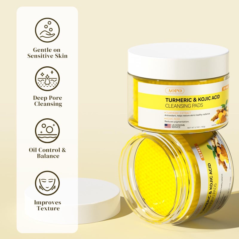 AOPO Kojic Acid and Turmeric Cleansing Pads, 50 Pcs, for Face Cleansing and Exfoliation - Image 2