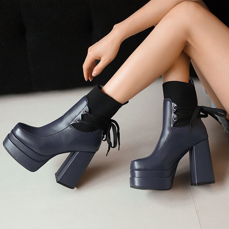 Winter Square Head Thick Bottom Punk Wind 40-50 Plus Size Stitching Low Boots - Image 3
