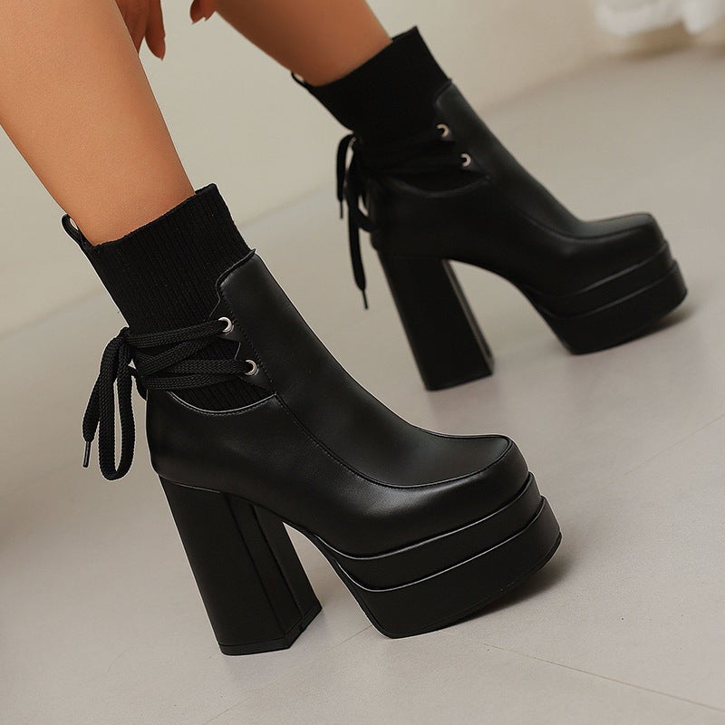 Winter Square Head Thick Bottom Punk Wind 40-50 Plus Size Stitching Low Boots - Image 4