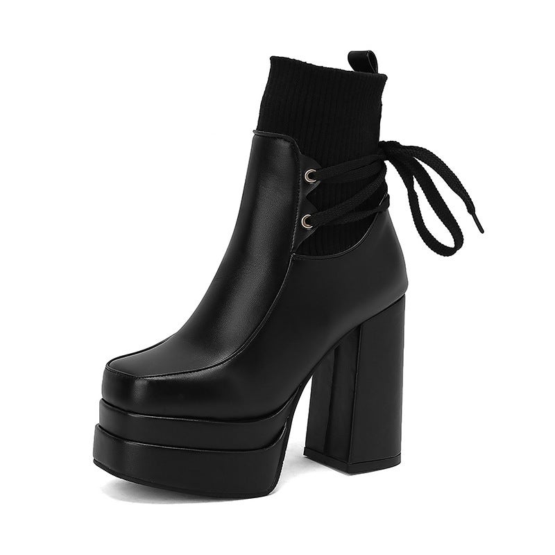 Winter Square Head Thick Bottom Punk Wind 40-50 Plus Size Stitching Low Boots - Image 1