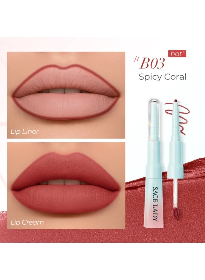 SACE LADY 2-in-1 Lip Cream Booster – 03 Spicy Coral – Lip Liner + Soft Matte Lip Cream Duo - Image 1